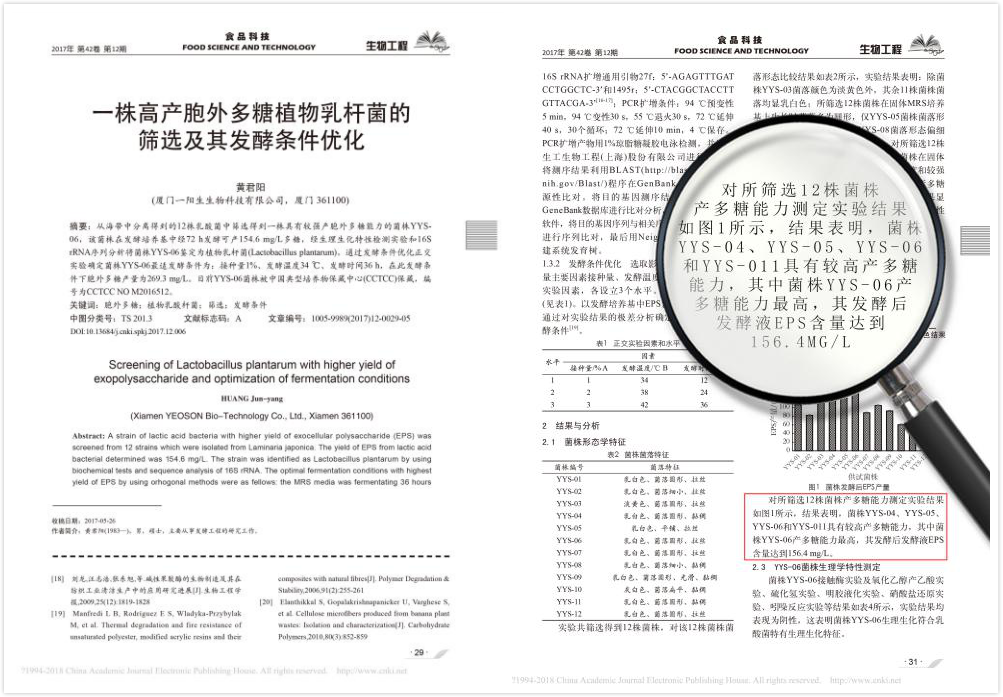 一陽(yáng)生核心專(zhuān)利菌種（YYS-06）相關(guān)文獻收錄于重量級期刊《食品